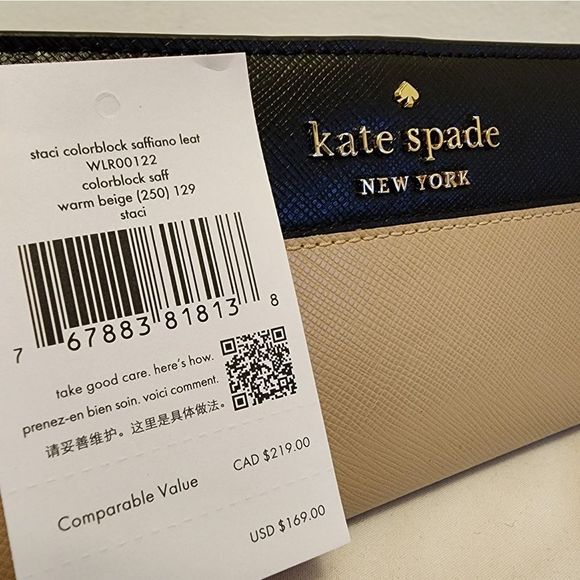 Kate Spade ♠️ Staci Large Slim Bifold Wallet Warm Beige and Black - Picture 3 of 6